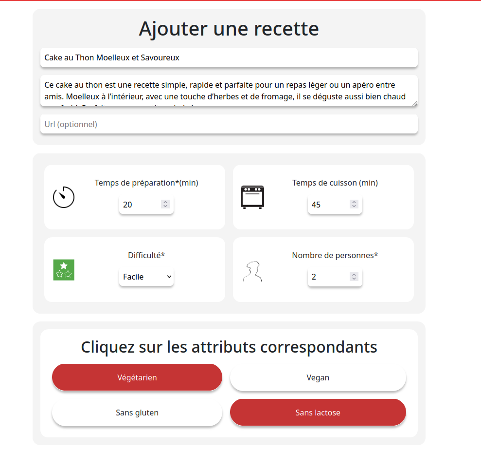 Remplir les détails de la recette